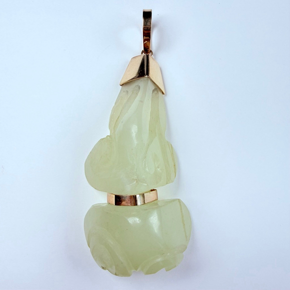 Estate 14K Gold Old Chinese Carved Mutton Fat White Jade Nephrite 3.2" Pendant - Picture 2 of 12